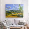 Charger l'image dans la visionneuse de la galerie, Colorful landscape painting with people picnicking under a tree, mountains and clouds, in modern living room
