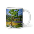 Carregar imagem no visualizador da Galeria, White mug with colorful scenic landscape, swirling tree, mountains, and picnic couple