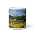 Charger l'image dans la visionneuse de la galerie, Ceramic mug with colorful landscape art of mountains, fields, and two people having a picnic.