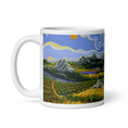 Charger l'image dans la visionneuse de la galerie, White ceramic mug with vibrant mountain landscape and colorful wildflower fields illustration.
