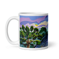Charger l'image dans la visionneuse de la galerie, White mug with colorful landscape art of trees, river, and purple sky panorama
