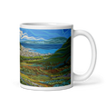 Cargar la imagen en la vista de la galería, Colorful landscape art mug featuring hills, sea, and city panorama design