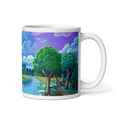 Загрузить изображение в просмотрщик галереи, Colorful mug with a painted river landscape, green trees, and cloudy purple sky.