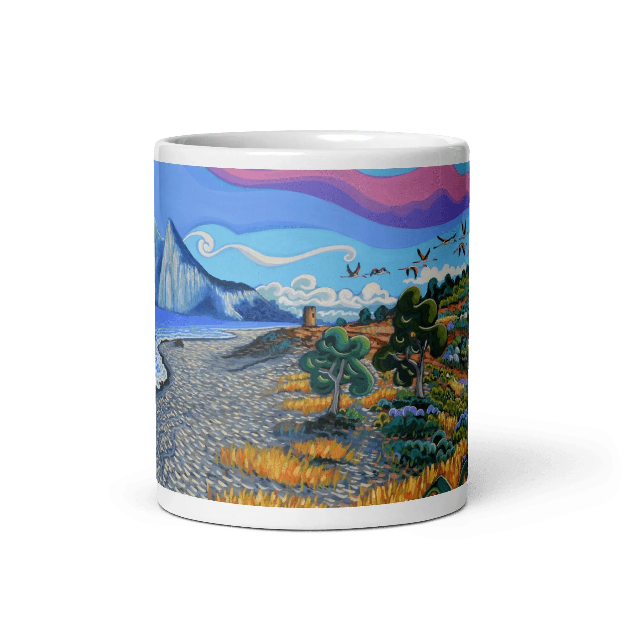 N133 - Flamingos by the tower - Mug Panorama - Arte Caballero