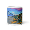 Charger l'image dans la visionneuse de la galerie, Colorful ceramic mug with painted landscape, mountains, seashore, trees, and birds.