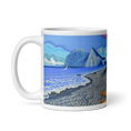Charger l'image dans la visionneuse de la galerie, Ceramic mug with coastal mountain art, blue ocean waves, and rocky beach design