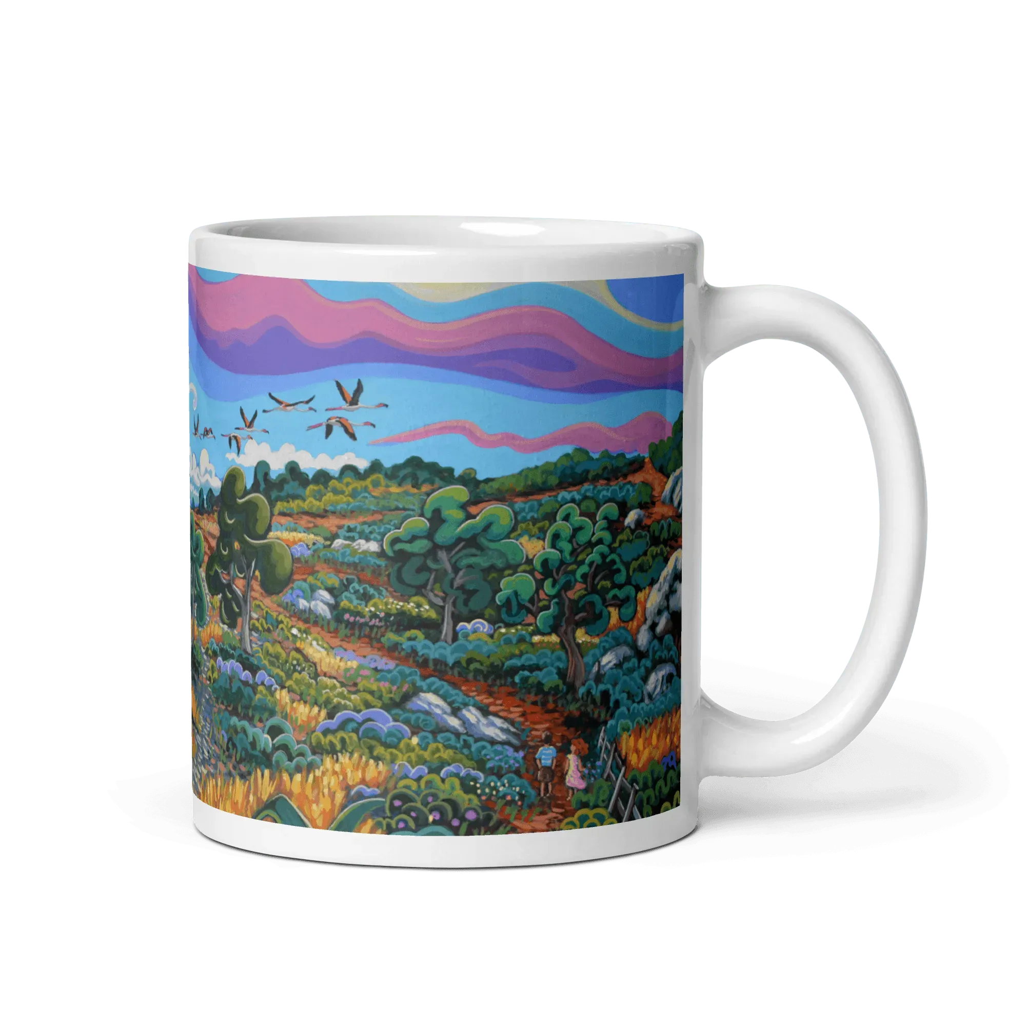 N133 - Flamingos by the tower - Mug Panorama - Arte Caballero