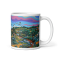 Charger l'image dans la visionneuse de la galerie, Colorful mug with painted landscape, trees, flying flamingos, and people hiking on a path