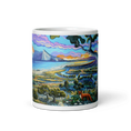Bild in Galerie-Betrachter laden, Colorful ceramic mug featuring Guadalquitón nature reserve landscape with mountains, ocean, fox, and vibrant sky.