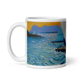 Charger l'image dans la visionneuse de la galerie, Ceramic mug with colorful sailing boat and sea panorama illustration, blue waves, yellow sky
