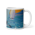 Charger l'image dans la visionneuse de la galerie, Ceramic mug with colorful sailing boats art, blue waves, and orange sky design.