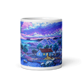 Charger l'image dans la visionneuse de la galerie, Ceramic mug with vibrant twilight landscape, farmhouse, mountains, river, and purple sky art