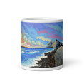 Charger l'image dans la visionneuse de la galerie, Ceramic mug with colorful sunrise beach artwork, ocean waves, and mountain landscape.