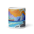 Charger l'image dans la visionneuse de la galerie, Golden sunrise beach mug with colorful mountain, ocean waves, and vibrant sky art.