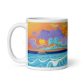 Charger l'image dans la visionneuse de la galerie, White mug with vibrant golden sunrise, blue ocean waves, and colorful clouds panorama.