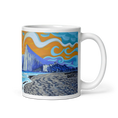 Charger l'image dans la visionneuse de la galerie, White ceramic mug with vibrant beach sunrise artwork, mountain, blue waves, and swirling clouds.