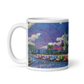 Load image into Gallery viewer, White mug featuring a colorful bay panorama with boats, palm trees, and vibrant sky art