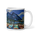 Load image into Gallery viewer, Colorful bay panorama art mug with beach cabins, palm trees, cityscape, and mountain view.