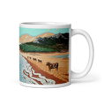 Load image into Gallery viewer, Ceramic mug with painted cows on Bolonia beach, mountains and sea, panoramic landscape art