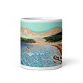 Load image into Gallery viewer, Artistic mug with beach, ocean waves, distant cows, colorful sky, and greenery design
