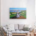 Bild in Galerie-Betrachter laden, Canvas art of a woman in a dress golfing by the sea, Costa del Sol landscape, modern living room