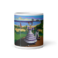 Load image into Gallery viewer, Traditional golf-themed Costa del Sol mug with painted lady golfer, sea and mountains.