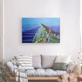 Load image into Gallery viewer, Modern living room with sofa and landscape canvas art of a mountain and sitting monkey