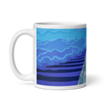 Load image into Gallery viewer, White ceramic mug with blue abstract skyline and clouds panorama design