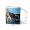 Charger l'image dans la visionneuse de la galerie, Ceramic mug with colorful village seaside art, red roofs, mountain, and musicians.
