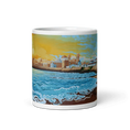 Charger l'image dans la visionneuse de la galerie, Ceramic mug featuring a colorful Cadiz cityscape illustration with ocean waves and sunset sky