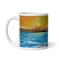 Charger l'image dans la visionneuse de la galerie, White ceramic mug with Cadiz skyline art, vivid sunset, and blue ocean waves.