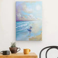 Charger l'image dans la visionneuse de la galerie, Canvas wall art of a girl with surfboard on the beach, ocean waves and blue sky.