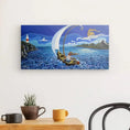 Cargar la imagen en la vista de la galería, Colorful canvas art of a woman sailing on blue waves with a lighthouse and mountains