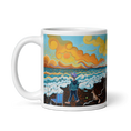 Cargar la imagen en la vista de la galería, Colorful mug with artistic beach scene, man, dog, ocean waves, and vibrant sunset clouds