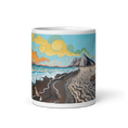 Cargar la imagen en la vista de la galería, Colorful ceramic mug with artistic beach, ocean waves, mountain, and sun design
