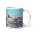 Cargar la imagen en la vista de la galería, Ceramic mug with colorful beach scene, fishing boats, seagulls, and cityscape artwork