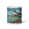 Charger l'image dans la visionneuse de la galerie, Colorful Alcornocales Park landscape art mug with hiker and dog under a large oak tree