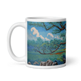 Charger l'image dans la visionneuse de la galerie, White mug with colorful Alcornocales Park nature panorama, featuring trees, rocks, blue sky.