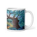 Charger l'image dans la visionneuse de la galerie, White ceramic mug with colorful Alcornocales park landscape artwork featuring a large tree.