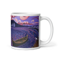 Cargar la imagen en la vista de la galería, White mug with vibrant Rio Palmones marshes panorama, boat, purple water, and sunset art.