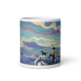 Charger l'image dans la visionneuse de la galerie, Panoramic mug with hiker and dog, colorful mountain landscape, vibrant sky art.