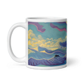 Charger l'image dans la visionneuse de la galerie, White ceramic mug with a colorful mountain landscape and cloudy sky illustration.