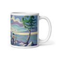 Charger l'image dans la visionneuse de la galerie, Colorful ceramic mug with illustrated hiker, tree, and mountain landscape art.