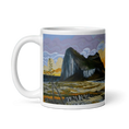 Charger l'image dans la visionneuse de la galerie, White ceramic mug with artistic Gibraltar Rock landscape at sunrise, colorful sky and sea