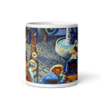 Charger l'image dans la visionneuse de la galerie, Ceramic mug with colorful night street art scene, musicians, cobblestone, and fountain design