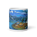 Charger l'image dans la visionneuse de la galerie, Colorful mug with mountain landscape, river, campfire, people, and tent illustration