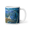 Charger l'image dans la visionneuse de la galerie, White ceramic mug with colorful mountain landscape, tent, trees, and campsite art design