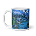 Charger l'image dans la visionneuse de la galerie, White ceramic mug with colorful panoramic landscape art of river, trees, and mountains