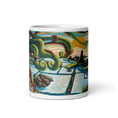 Load image into Gallery viewer, Colorful mug with abstract bonsai tree and ocean fish tanks landscape illustration