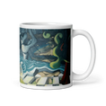 Load image into Gallery viewer, White mug with surreal flood art, abstract figures, green swirls, checkerboard pattern